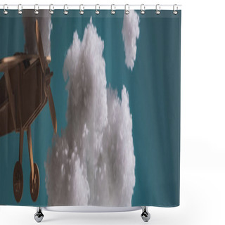 Personality  Wooden Toy Plane Flying Among White Fluffy Clouds Made Of Cotton Wool In Dark, Panoramic Shot Shower Curtains