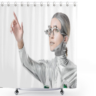 Personality  Portrait Of Silver Cyborg Touching Something Isolated On White, Future Technology Concept Shower Curtains
