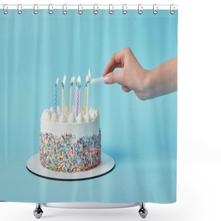 Personality  Partial View Of Woman Lighting Candles On Birthday Cake On Blue Background Shower Curtains