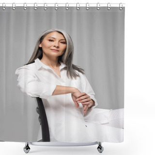 Personality  Beautiful Confident Asian Woman With Grey Hair Sitting On Chair Isolated On Grey Shower Curtains