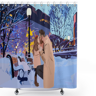 Personality  Vector Illustration Of Happy Father And Daughter In The Winter Park Shower Curtains