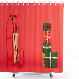 Personality  Stack Of Multicolored Gift Boxes Near Sled On Red Shower Curtains