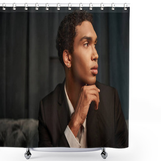 Personality  Appealing Good Looking African American Male Model In Evening Attire Posing And Looking Away Shower Curtains
