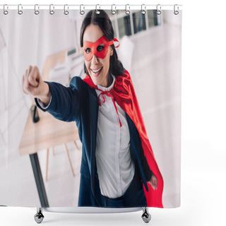 Personality  Attractive Super Businesswoman In Cape And Mask Standing With Hand Up In Office Shower Curtains