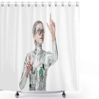 Personality  Silver Robot With Eye Prosthesis Touching Something Isolated On White, Future Technology Concept  Shower Curtains