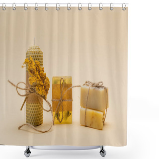 Personality  Handmade Candle And Soap Bars With Twine On Beige Background  Shower Curtains