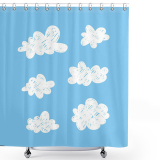Personality  Set Of Funny Clouds In Doodle Style On Blue Background. Hand Drawn Illustration Cartoon Sky. Creative Art Work. Actual Vector Weather Drawing Shower Curtains