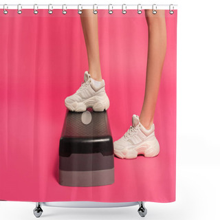 Personality  Cropped View Of Sportswoman Standing On Step Platform On Pink  Shower Curtains