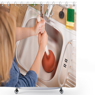 Personality  Woman Using Plunger In Sink Shower Curtains