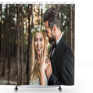 Personality  Happy Bride In White Dress And Wreath Showing Wedding Ring On Finger In Forest Shower Curtains