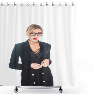 Personality  Attractive Businesswoman In Formal Wear With Open Neckline And Black Underwear Isolated On White Shower Curtains