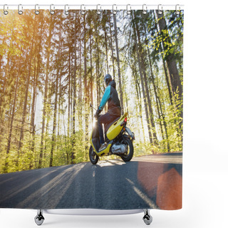 Personality  Man Riding Scooter On Forest Road. Shower Curtains