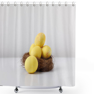 Personality  Yellow Painted Easter Eggs In Decorative Nest On White Table Shower Curtains