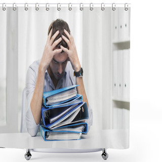 Personality  Sad Businessman With Stack Of Folders At Office Shower Curtains