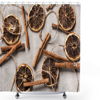 Personality  Top View Of Dried Orange Pieces And Cinnamon Sticks On Grey Background Shower Curtains