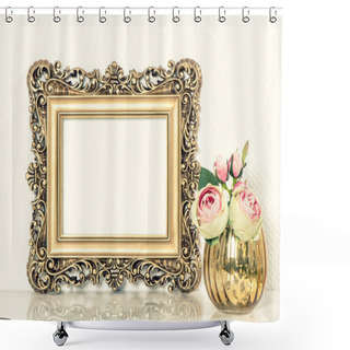 Personality  Golden Baroque Picture Frame And Roses Flowers Bouquet. Retro St Shower Curtains