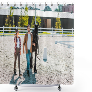 Personality  Smiling Cowboy And Cowgirl In Casual Clothes Walking With Horse At Ranch Shower Curtains