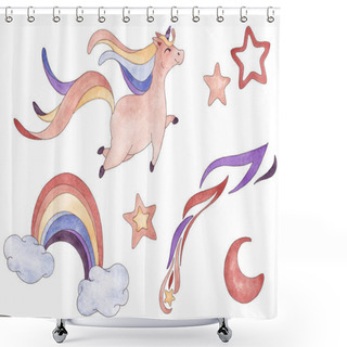 Personality  Watercolor Illustrations Of A Set Of Flying Unicorn, Rainbow Between Clouds, Shooting Star, Stars And Moon In Blue, Purple, Teracotta, Cream Colors Isolated On White Background Shower Curtains