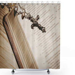 Personality  Open Bible And Wooden Rosary Beads Shower Curtains