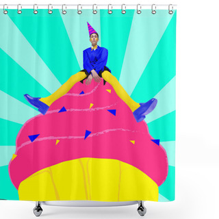 Personality  Stylish Teen Boy Sitting On Giant Cupcake And Celebrating His Birthday. Contemporary Art Collage. Concept Of Birthday Celebration, Fun And Joy, Party, Inspiration. Poster, Ad. Bright Design Shower Curtains