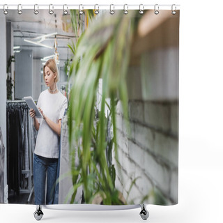 Personality  Blonde Saleswoman Using Digital Tablet In Vintage Shop Shower Curtains