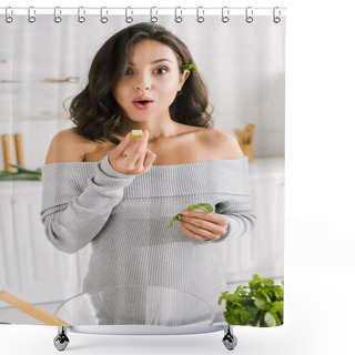 Personality  Surprised Girl Holding Fresh Apple Near Green Peppermint  Shower Curtains