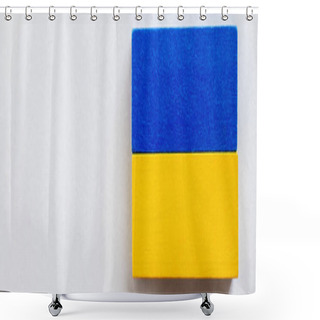Personality  Top View Of Tetragonal Blue And Yellow Blocks On White Background, Ukrainian Concept, Banner Shower Curtains