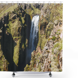 Personality  Aerial View Of Landscape With Skoga River And Mountain Under Bright Blue Sky In Iceland  Shower Curtains