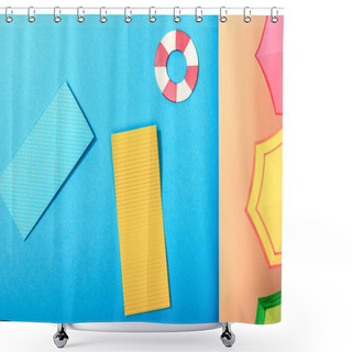 Personality  Top View Of Paper Calm Blue Sea With Pool Floats And Lifebuoy And Umbrellas On Shore Shower Curtains