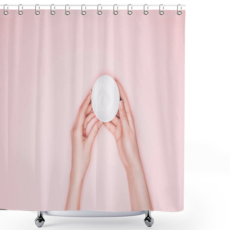 Personality  Cropped Shot Of Woman Holding Opened Can Of Moisturizing Cream Isolated On Pink Shower Curtains