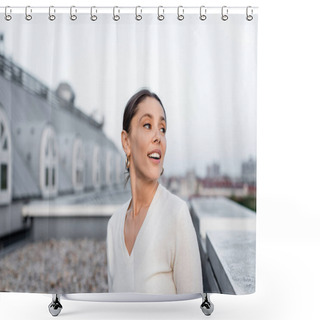 Personality  Happy Woman In White Jumper Looking Away On Rooftop Shower Curtains