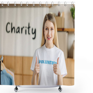 Personality  Beautiful Young Volunteer Showing Thumbs Up And Looking At Camera Shower Curtains