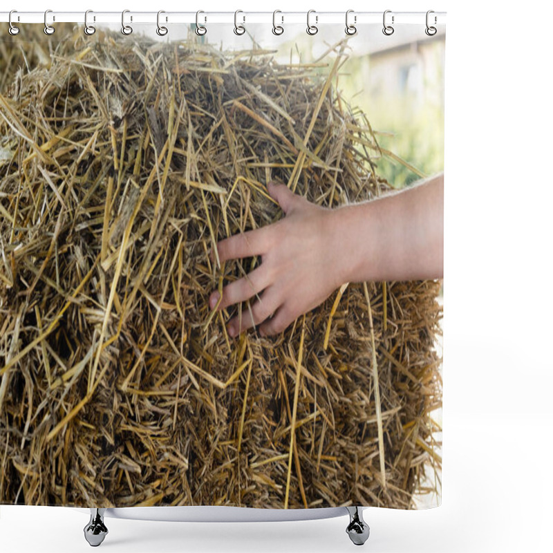 Personality  cropped view of farmer touching dry hay on farm shower curtains