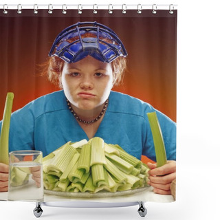 Personality  Woman In Sports Gear Eating Celery Shower Curtains
