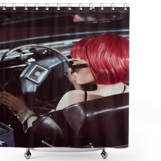 Personality  Young Woman In Red Wig And Sunglasses Driving Retro Car Shower Curtains