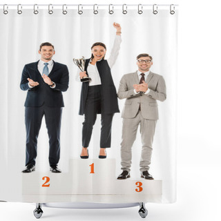 Personality  Professional Businesspeople Holding Awards While Standing On Winners Podium Isolated On White Shower Curtains