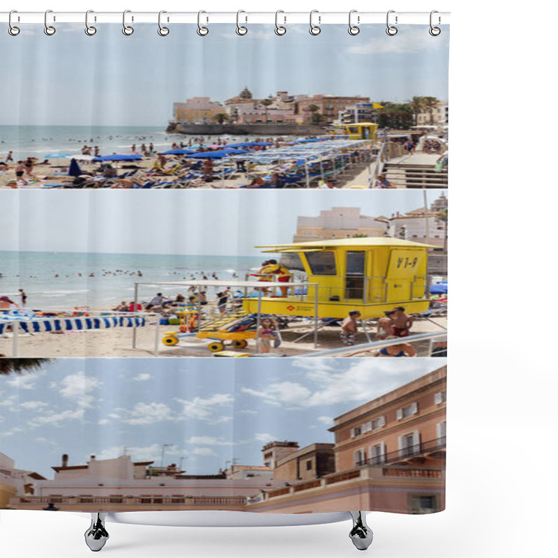 Personality  CATALONIA, SPAIN - APRIL 30, 2020: Collage Of People Resting On Beach With Rescue Tower And Facades Of Buildings  Shower Curtains