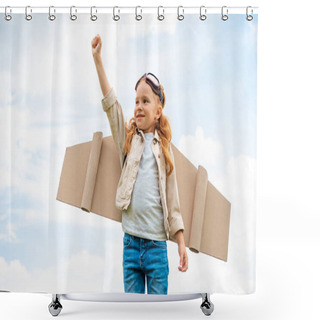 Personality  Portrait Of Child With Paper Plane Wings On Back And Protective Eyeglasses On Head Standing With Outstretched Arm Against Blue Cloudy Sky Shower Curtains