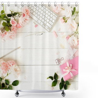 Personality  Flat Lay Women's Office Desk. Female Workspace With Keyboard,  Flowers Pale Pink Roses,  Gifts, Accessories On Wooden White Background. Top View Feminine Background.Copy Space Shower Curtains