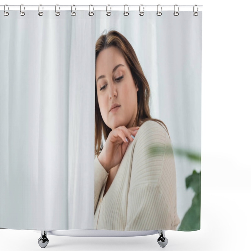 Personality  Portrait of pretty body positive woman standing near blurred curtains at home  shower curtains