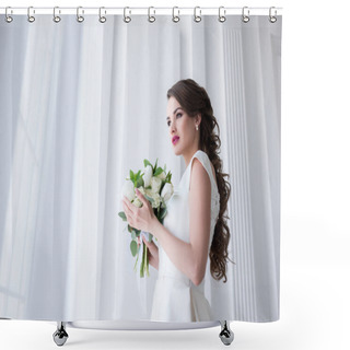 Personality  Beautiful Young Bride With Wedding Bouquet Looking At Window Shower Curtains