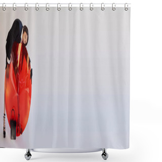 Personality  Young Asian Woman In Stylish Look Posing On Grey Background, Model In Dotted Socks And High Heels Standing Near Round Shaped Glass And Feathered Handbag, Fashion Choices, Bold Style, Banner Shower Curtains