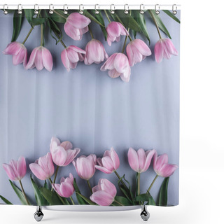 Personality  Pink Tulips Flowers On Blue Background. Waiting For Spring. Greeting Card Or Wedding Invitation. Flat Lay, Top View, Copy Space. Shower Curtains