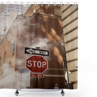 Personality  Road Signs Near Steam And Vintage Buildings On Street Of New York City, Urban Environment Scene Shower Curtains