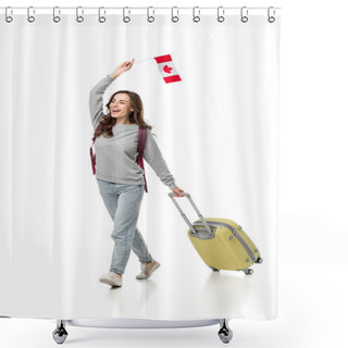 Personality  Cheerful Female Student With Suitcase And Canadian Flag Isolated On White, Studying Abroad Concept Shower Curtains