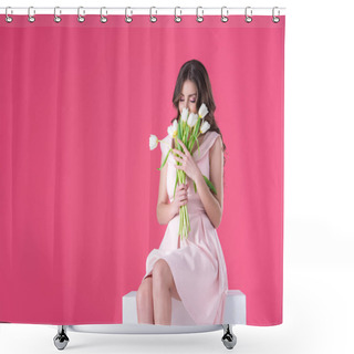 Personality  Attractive Girl Sniffing Bouquet Of Tulips Isolated On Pink Shower Curtains