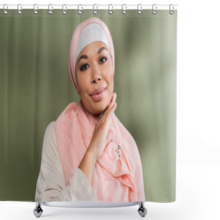 Personality  Pleased Multiracial Muslim Woman In Pink Hijab Touching Perfect Face And Looking At Camera On Green Background Shower Curtains