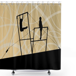Personality  Active Children Sport Silhouettes On Uneven Bars Vector Abstract Shower Curtains