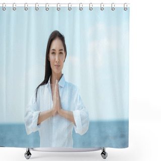 Personality  Focused Asian Woman Doing Namaste Mudra Gesture In Front Of Sea  Shower Curtains