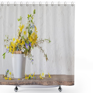 Personality  Spring Flowers In White Bucket On Old Wooden Table Shower Curtains